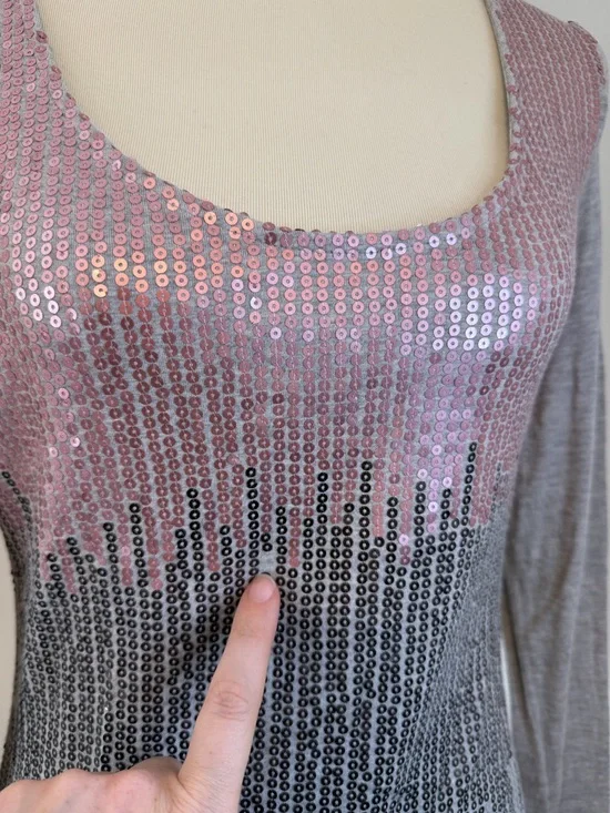 Cache Y2K Sequined Scoop Neck Long Sleeve Top - Pink & Gray - Picture 9 of 13